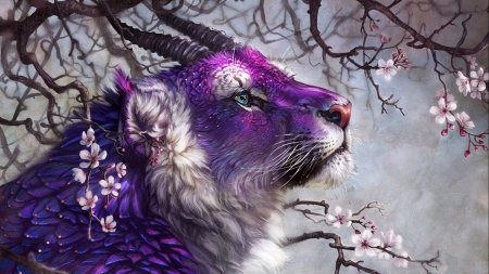 Fantasy tiger - cat, tiger, art, horns, primavara, spring, purple, pink, pisici, fantasy, sakura, tigru, creature
