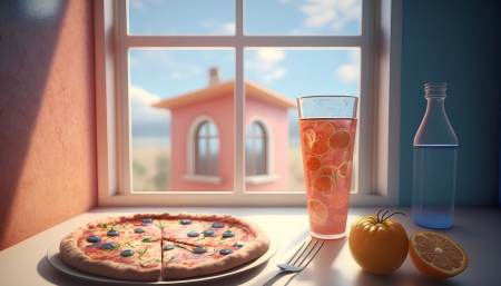 Pizza and a glass of water - Render, Snack, Lemon, Window