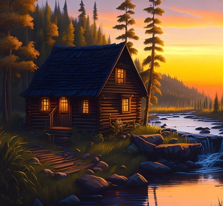 Wooden house at sunrise - egbolt, tajkep, fahaz, napkelte, erdo, folyo, fak