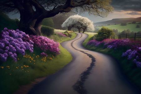 Spring landscape - Trees, Flowers, Spring, Road