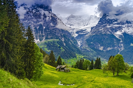 Mountainscape - beautiful, grass, high, house, mountain, rocks, valley
