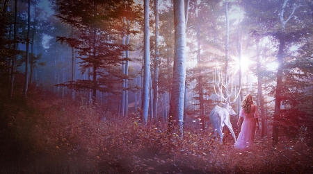 Spirit of the deer - art, fantasy, deer, girl, annewipf, forest, spirit, pink, autumn, toamna