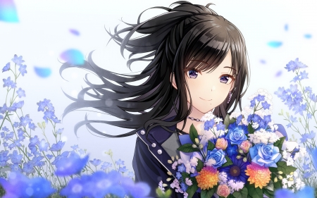 Girl with Flowers - earring, girl, flowers, anime