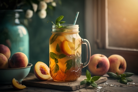 Homemade iced tea - Tea, Mint, Peaches, Jar