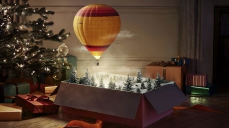 :) - hot air balloon, christmas, fantasy, craciun, yellow, gift, box