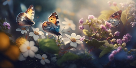 Butterflies with colorful spring  flowers - Graceful, Blurry, Outdoor, Floral