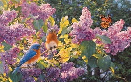 Spring Interlude - birds, blossoms, painting, artwork, butterfly, lilacs, fence