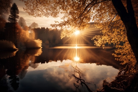 Light of the Sun - Trees, Golden, Shining, Forest, Lake