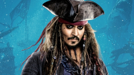 Johnny Depp as Jack Sparrow - johnny depp, movie, man, jack sparrow, actor, poster, disney, pirates of the caribbean, blue