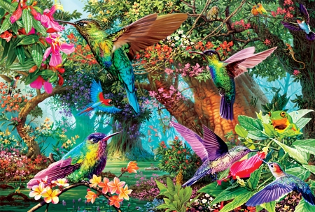 Hummingbird Garden - artwork, birds, flowers, painting, plants