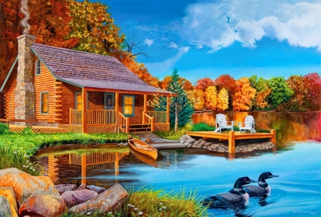 Place for rest - artwork, cabin, ducks, lake, mountains, painting, trees