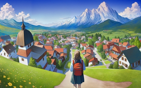 Bavarian Village - village, anime, road, mountains, church