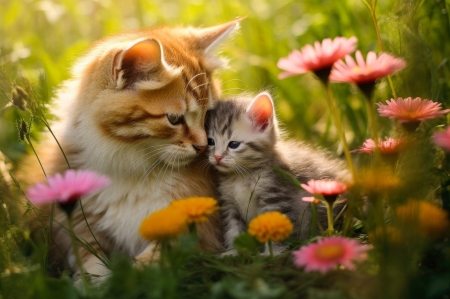 Mother's love - anyai szeretet, cica anyuval, mama macska, viragok kozott