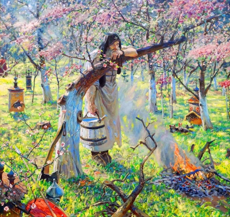 A priest working in the apiary in the orchard by Pavel Ryzhenko - bee, spring, man, pictura, pavel ryzhenko, painting, garden, fire, novice, art