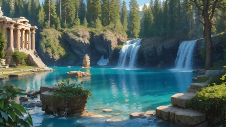 Artistic painting - Waterfall - erdo, fak, festes, hegyek, kovek, novenyzet, okori epulet, sziklak, tajkep, zuhatag