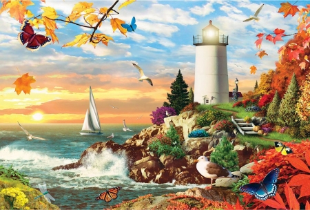 Light of Day - artwork, birds, coast, digital, flowers, lighthouse, sea