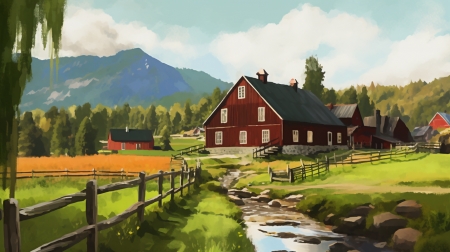 Farm life - erdo, fak, festes, haz, hegy, muveszet, novenyzet, patak, tajkep, tanyasi elet, termeszet