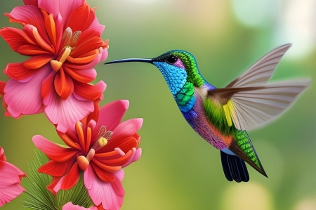 Colorful hummingbird - elenk szinek, kolibri, szarnyak, szines madar, termeszet, viragok