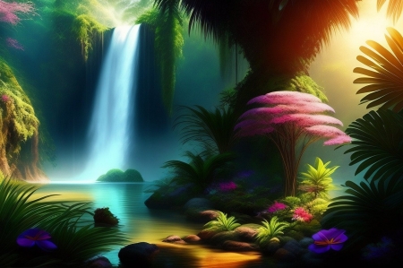 Waterfall - elenk szinek, novenyek, szines viragok, tropusi erdo, viragok, zuhatag