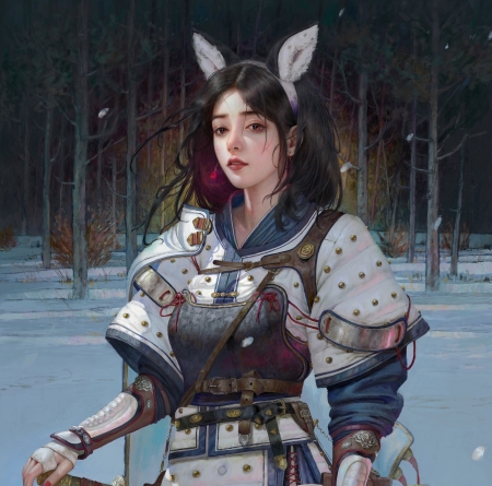 Fantasy girl - winter, ears, snow, sword, girl, bunny, armor, fantasy, katana, iarna, ting xie, art