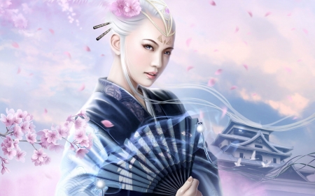 Fantasy girl - hand fan, blue, girl, kimono, mario wibisono, pink, frumusete, fantasy, evantai, art