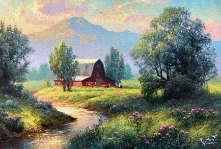 Thistle Pasture - artwork, barn, cows, fields, flowers, mountains, painting, river, trees