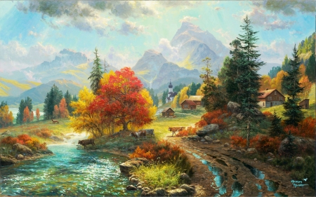 Bavarian Autumn - artwork, autumn, barn, cabin, cows, house, landscape, mountains, painting, river, trees