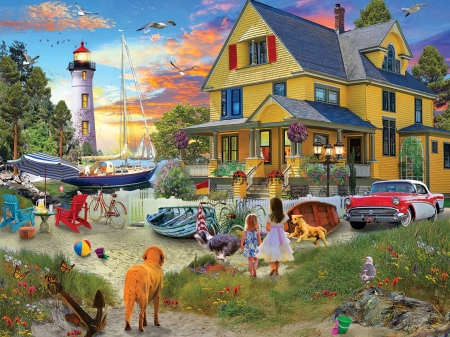 My Yellow Beach House - artwork, cars, dog, lighthouse, painting