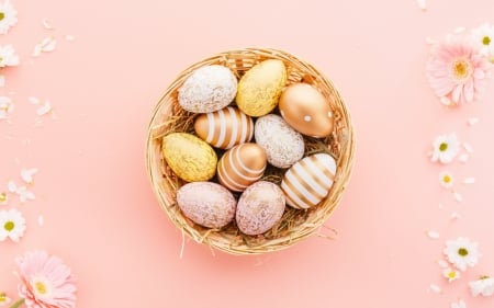 Happy Easter! - eggs, easter, basket, golden, orange, card, pink, pastel