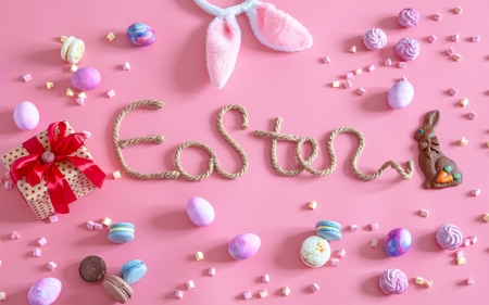 Happy Easter! - easter, ears, word, egg, card, pink, bunny