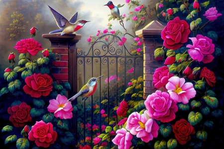 Paradise garden - colorful, birds, art, roses, gate, paradise, garden, beautiful, park, fragrance, gathering, painting, scent, joy