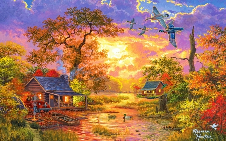 The Best Day - artwork, boat, cabin, colors, ducks, painting, river, sky, sunrise, trees