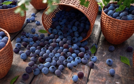 Bilberries - berries, wooden, table, bilberries, baskets