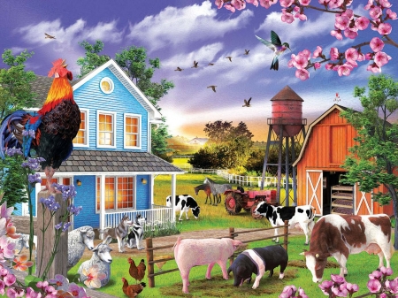 Morning Greeting - artwork, barn, birds, cows, hens, house, painting, pigs, rooster, sheep