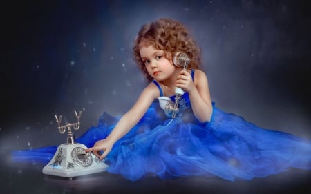 :) - little girl, blue, vintage, dress, girl, copil, phone, child