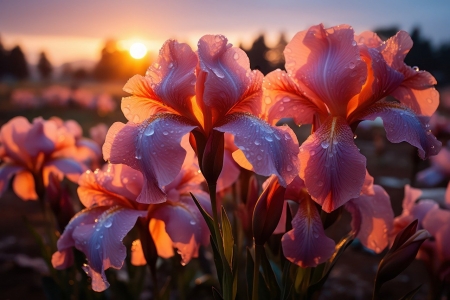 Iris at sunrise - gyonyoru, irisz, napkelte, viragok