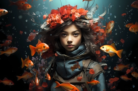 Underwater girl - halak, korona, lany, viragok, viz alatti