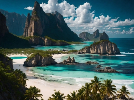 On the ocean shore - egbolt, fak, hegyek, strand, sziklak, tengerparti ocean, termeszet