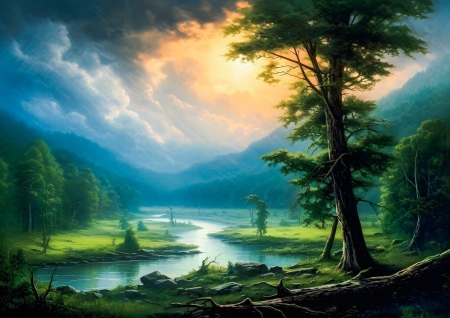 Forest river - egbolt, erdo, fak, felhok, folyo, kodos, levelek, napfeny, tajkep, termeszet, zold