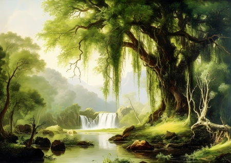 Waterfall in green forest - erdo, fak, folyo, kodos, kovek, levelek, novenyzet, termeszet, zold, zold tajkep, zuhatag