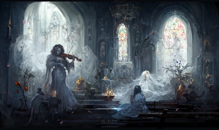 Music for the dead - ghost, fantasy, art, girl, violin, alexandra malygina, halloween, spirit, instrument, music, dead
