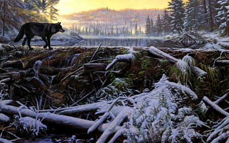 Crossing - crossing, winter, water, wolf, forest, stephen lyman, black, river, lup, pictura, painting, art