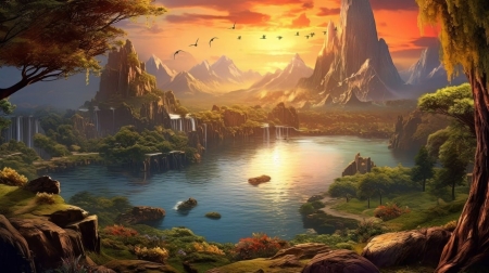 Beautiful landscape - egbolt, folyo, gyonyoru, hegy, madarak, napkelte, novenyzet, sziklas vizeses, szines egbolt, tajkep, termeszet, zuhatag