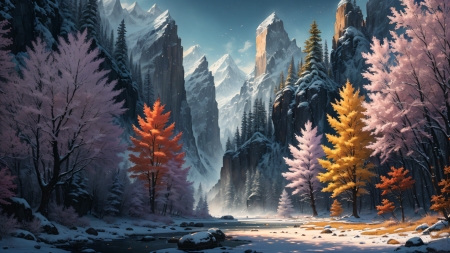 Snowy landscape - fak, folyo, havas termeszet, hegyek, ho, szines fak, teli tajkep