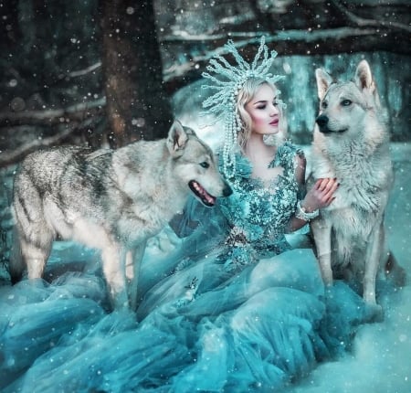 :) - winter, blue, wolf, girl, dress, lup, maria lipina, woman, model, iarna