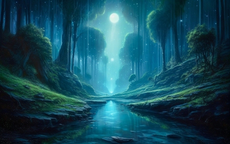 Forest river at night - bekes, ejszaka, erdo, fak, folyo, holdfeny, tajkep, termeszet