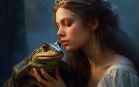 The princess and the frog - neuroset, woman, model, girl, princess, kiss, broasca, frog