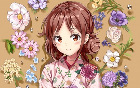 Girl with Flowers - girl, flowers, anime, kimono