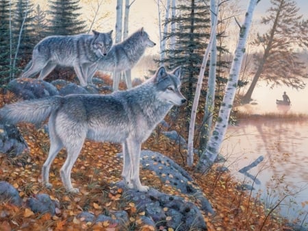 Wolves - lup, pictura, toamna, water, wolf, autumn, painting, pack