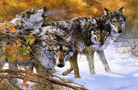 Wolves - lup, pictura, winter, wolf, painting, iarna, snow, art